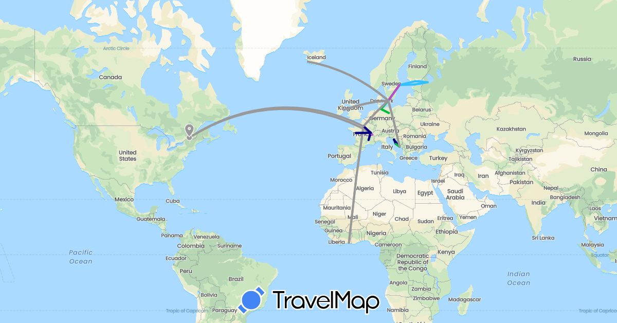TravelMap itinerary: driving, bus, plane, cycling, train, boat in Bosnia and Herzegovina, Belgium, Canada, Côte d'Ivoire, Germany, Denmark, Estonia, Finland, France, Croatia, Ireland, Iceland, Russia, Sweden (Africa, Europe, North America)